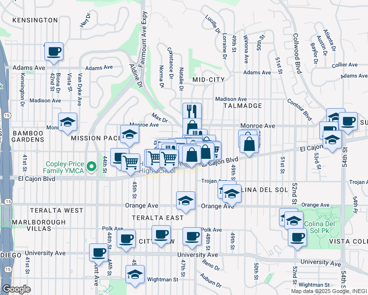 map of restaurants, bars, coffee shops, grocery stores, and more near 4400 47th Street in San Diego