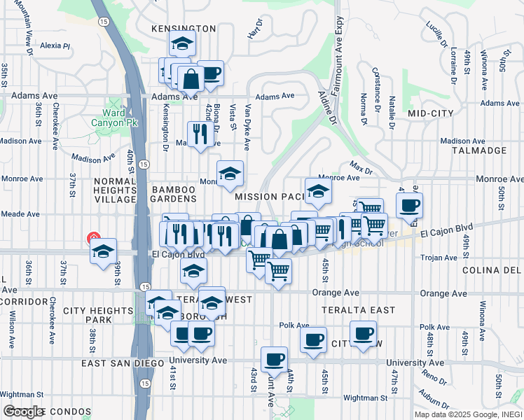 map of restaurants, bars, coffee shops, grocery stores, and more near 4390 43rd Street in San Diego