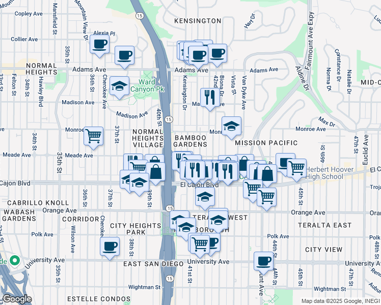 map of restaurants, bars, coffee shops, grocery stores, and more near 4127 Meade Avenue in San Diego