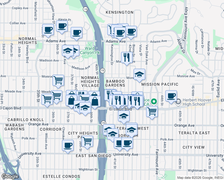 map of restaurants, bars, coffee shops, grocery stores, and more near 4055 Meade Avenue in San Diego
