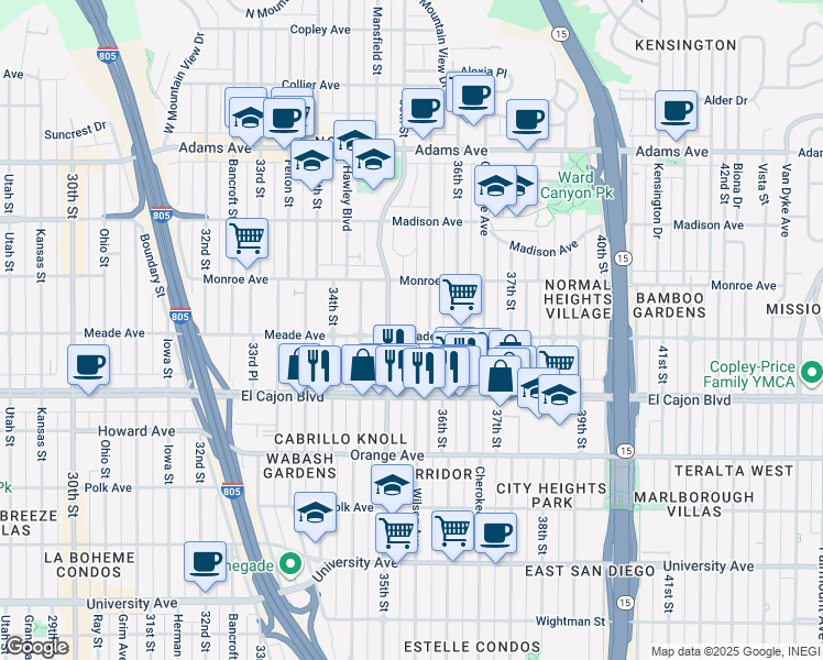 map of restaurants, bars, coffee shops, grocery stores, and more near 4396 Wilson Avenue in San Diego