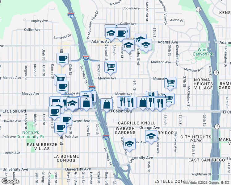 map of restaurants, bars, coffee shops, grocery stores, and more near 3283 Meade Avenue in San Diego
