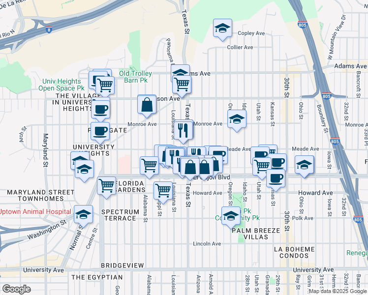 map of restaurants, bars, coffee shops, grocery stores, and more near 2317 Meade Avenue in San Diego
