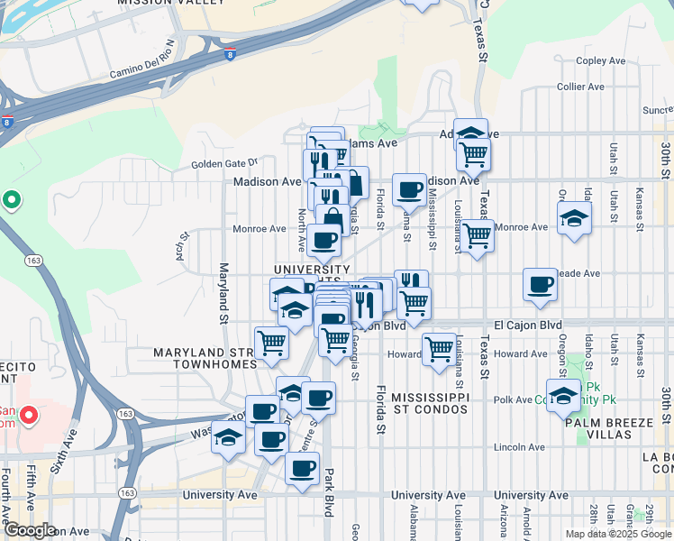 map of restaurants, bars, coffee shops, grocery stores, and more near 1825 Meade Avenue in San Diego