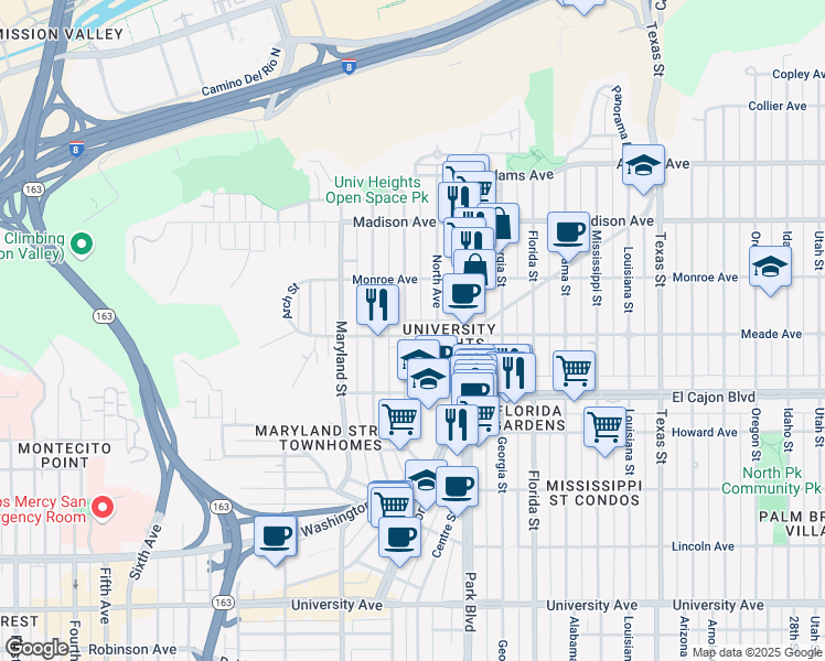 map of restaurants, bars, coffee shops, grocery stores, and more near 1602 Meade Avenue in San Diego