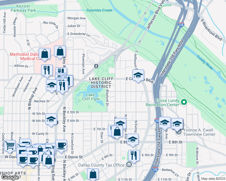map of restaurants, bars, coffee shops, grocery stores, and more near 723 North Marsalis Avenue in Dallas