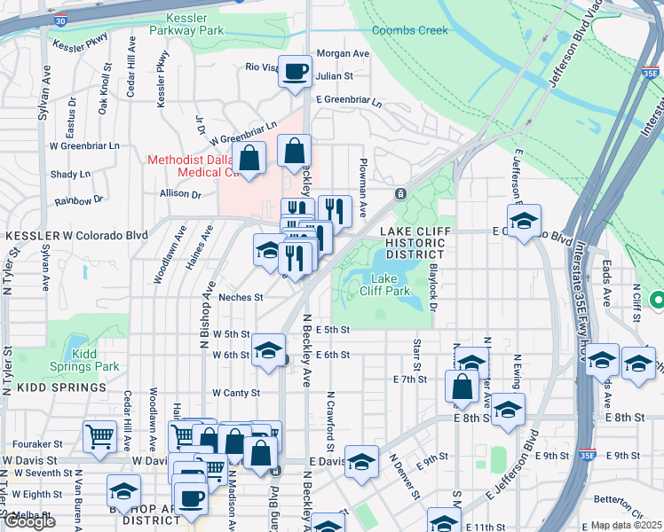 map of restaurants, bars, coffee shops, grocery stores, and more near 1126a North Zang Boulevard in Dallas