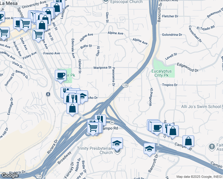 map of restaurants, bars, coffee shops, grocery stores, and more near in La Mesa