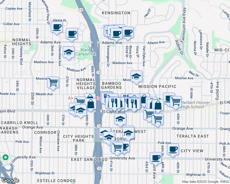 map of restaurants, bars, coffee shops, grocery stores, and more near 4410 Marlborough Avenue in San Diego