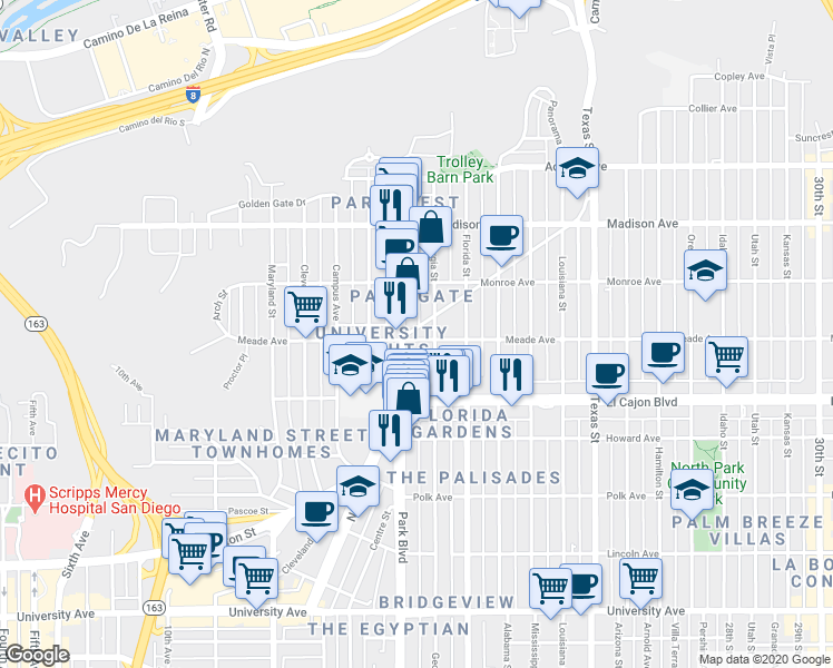 map of restaurants, bars, coffee shops, grocery stores, and more near 1805 Mission Avenue in San Diego