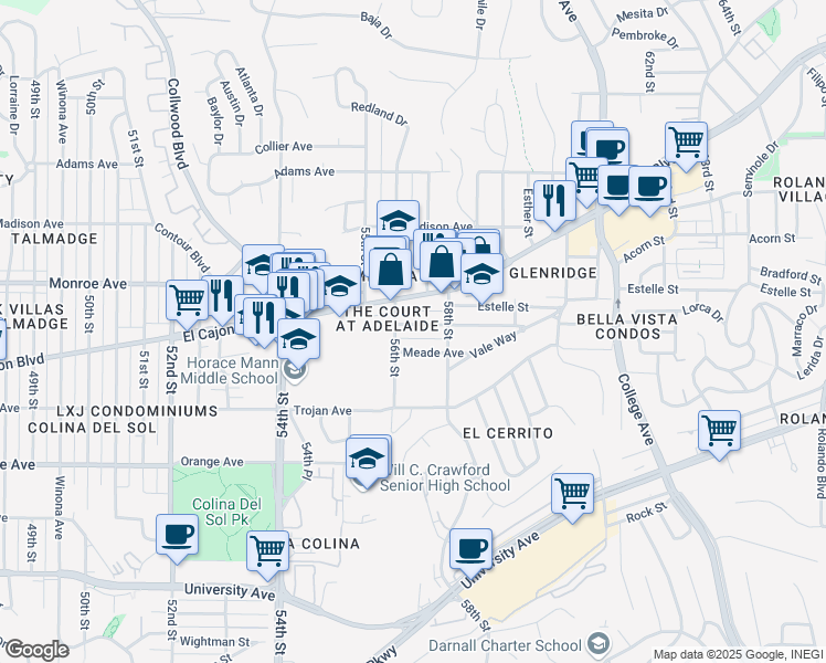 map of restaurants, bars, coffee shops, grocery stores, and more near 5629 Adelaide Avenue in San Diego