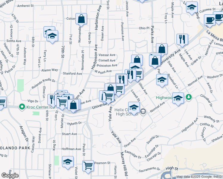 map of restaurants, bars, coffee shops, grocery stores, and more near 4349 Yale Avenue in La Mesa