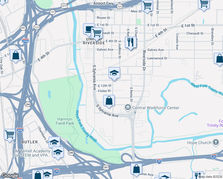 map of restaurants, bars, coffee shops, grocery stores, and more near 2729 Finley Street in Fort Worth