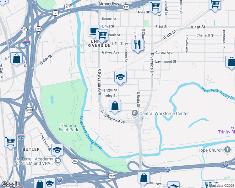 map of restaurants, bars, coffee shops, grocery stores, and more near 2729 Finley Street in Fort Worth