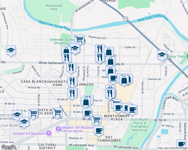 map of restaurants, bars, coffee shops, grocery stores, and more near 2825 Weisenberger Street in Fort Worth