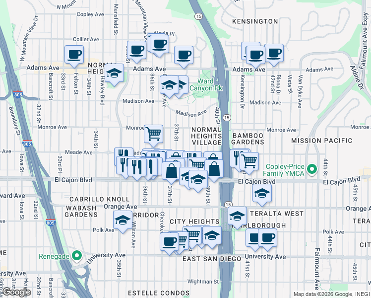 map of restaurants, bars, coffee shops, grocery stores, and more near 4411 McClintock Street in San Diego