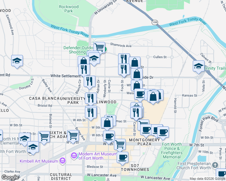 map of restaurants, bars, coffee shops, grocery stores, and more near 2825 Weisenberger Street in Fort Worth