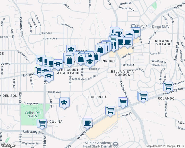 map of restaurants, bars, coffee shops, grocery stores, and more near 5863 Adelaide Avenue in San Diego