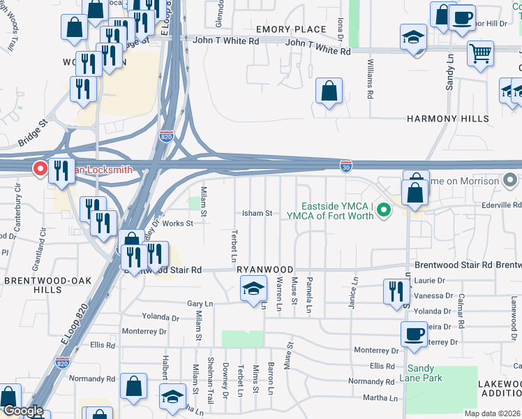 map of restaurants, bars, coffee shops, grocery stores, and more near 1432 Barron Lane in Fort Worth