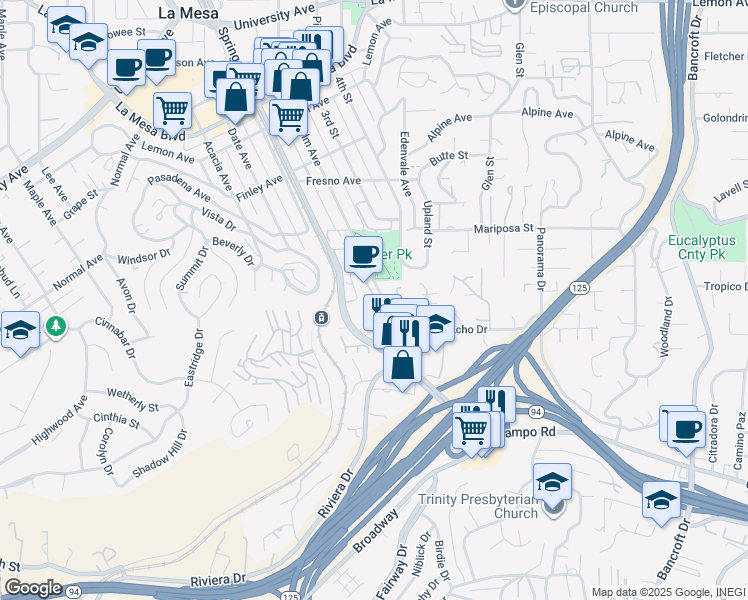 map of restaurants, bars, coffee shops, grocery stores, and more near 4330 Palm Avenue in La Mesa