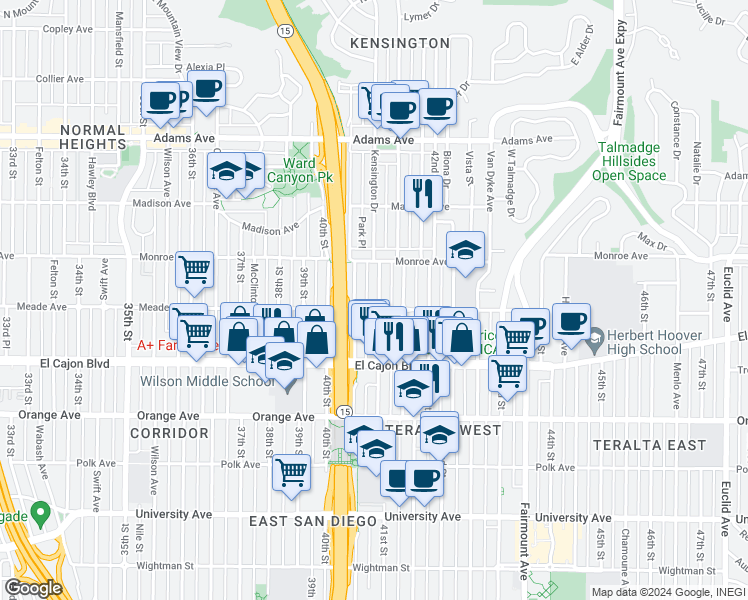 map of restaurants, bars, coffee shops, grocery stores, and more near 4418 41st Street in San Diego