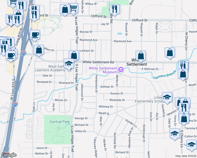 map of restaurants, bars, coffee shops, grocery stores, and more near 305 Pemberton Street in Fort Worth