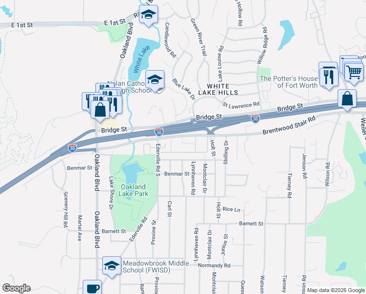 map of restaurants, bars, coffee shops, grocery stores, and more near 4500 Brentwood Stair Road in Fort Worth