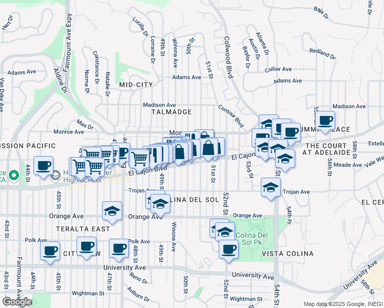 map of restaurants, bars, coffee shops, grocery stores, and more near 4425 50th Street in San Diego