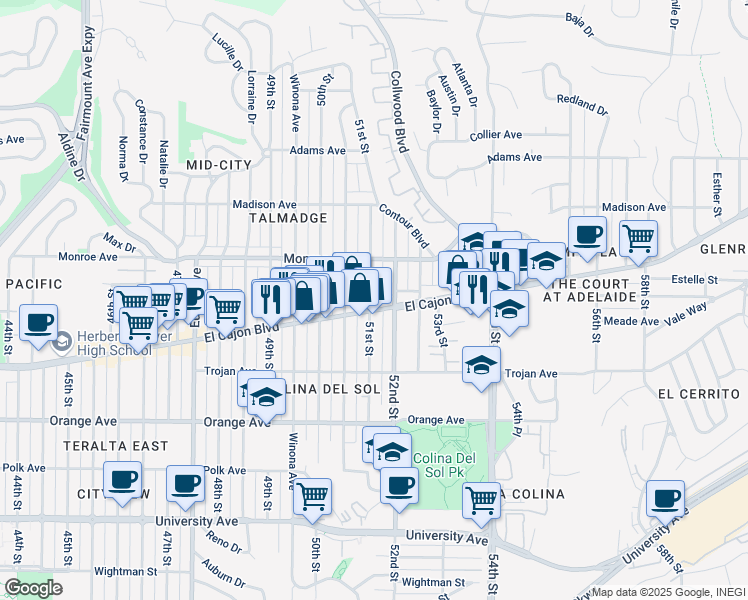 map of restaurants, bars, coffee shops, grocery stores, and more near in San Diego