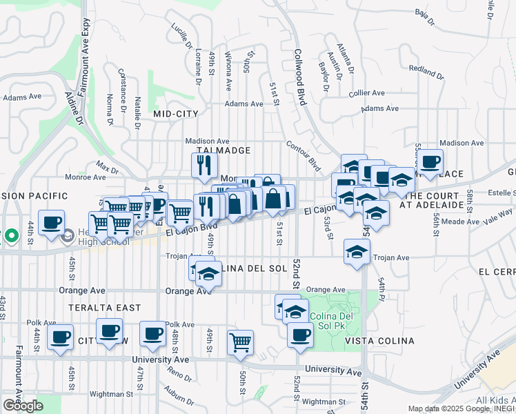 map of restaurants, bars, coffee shops, grocery stores, and more near 4424 Altadena Ave. in San Diego