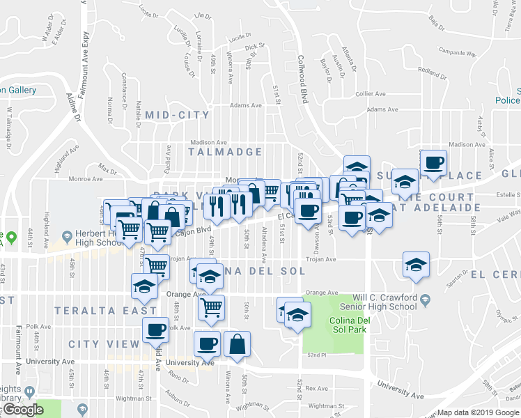 map of restaurants, bars, coffee shops, grocery stores, and more near in San Diego