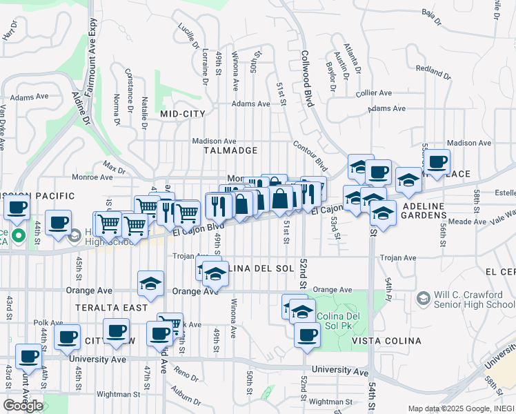 map of restaurants, bars, coffee shops, grocery stores, and more near 4980 El Cajon Boulevard in San Diego