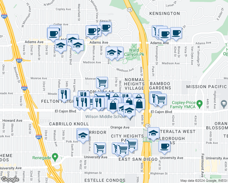 map of restaurants, bars, coffee shops, grocery stores, and more near 3683 Meade Avenue in San Diego