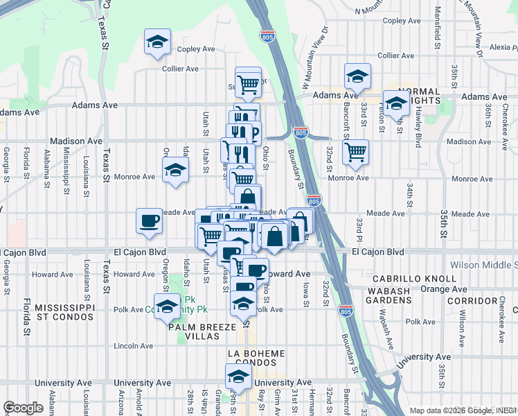 map of restaurants, bars, coffee shops, grocery stores, and more near 4386 Ohio Street in San Diego