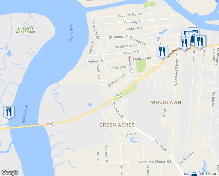 map of restaurants, bars, coffee shops, grocery stores, and more near 335 Riverland Drive in Charleston