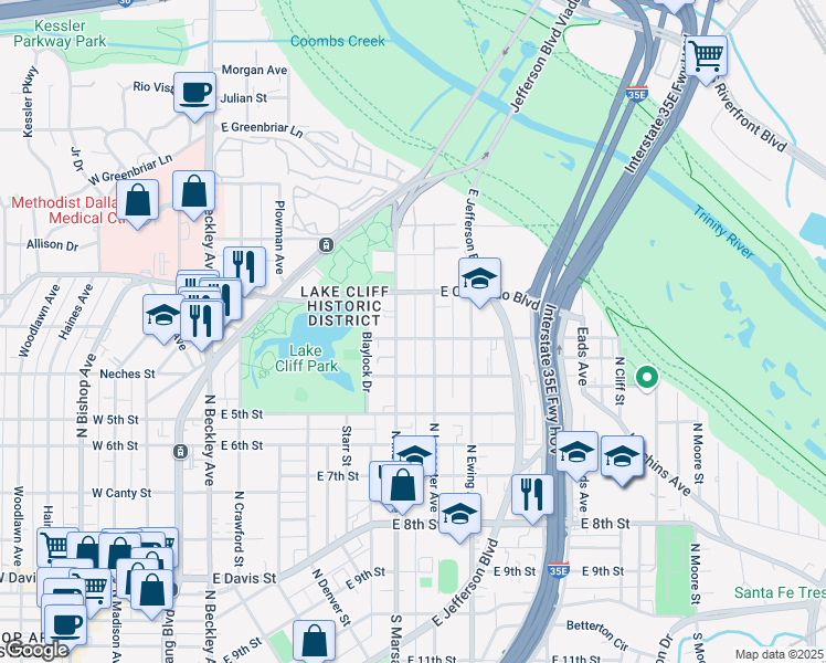 map of restaurants, bars, coffee shops, grocery stores, and more near 727 North Lancaster Avenue in Dallas