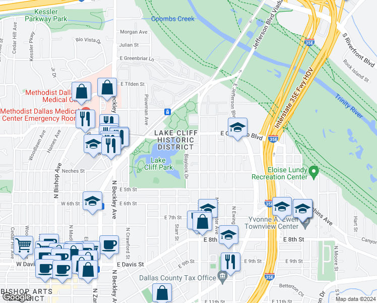 map of restaurants, bars, coffee shops, grocery stores, and more near 723 North Marsalis Avenue in Dallas