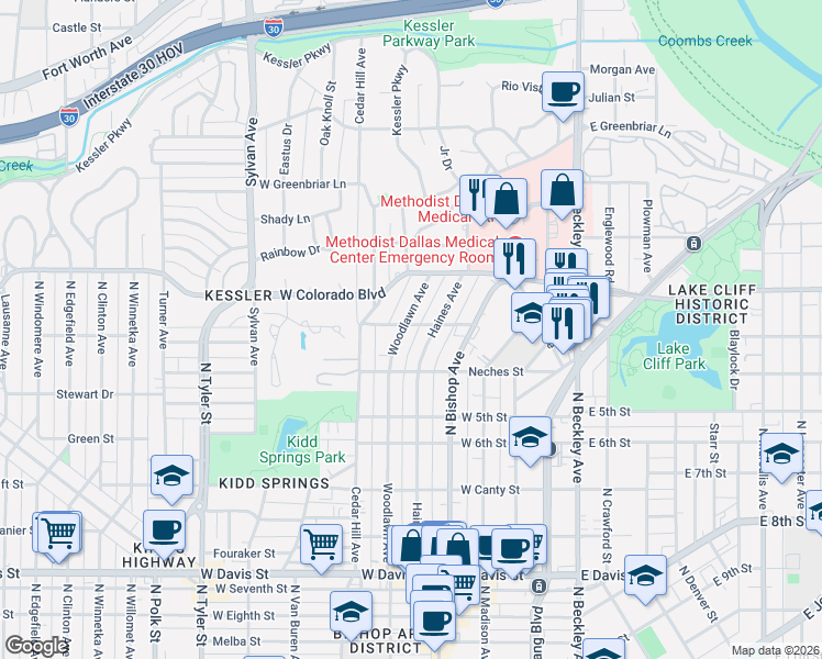 map of restaurants, bars, coffee shops, grocery stores, and more near 1124 Woodlawn Avenue in Dallas