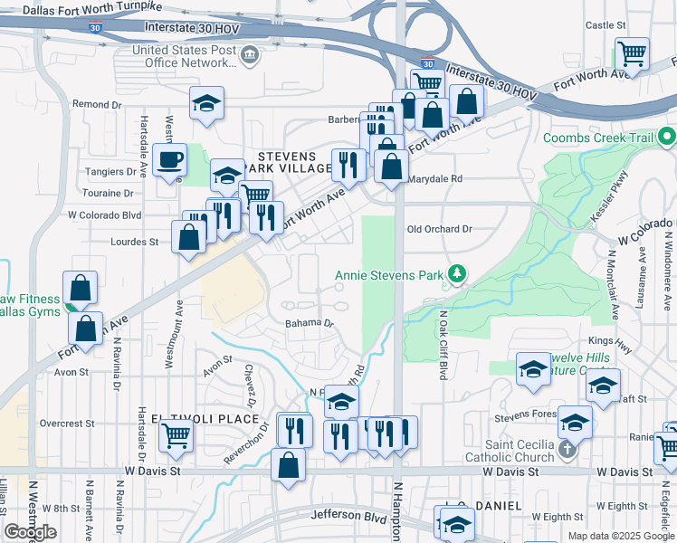 map of restaurants, bars, coffee shops, grocery stores, and more near 2511 Wedglea Drive in Dallas