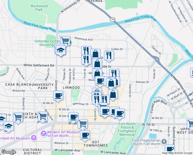 map of restaurants, bars, coffee shops, grocery stores, and more near 251 Carroll Street in Fort Worth