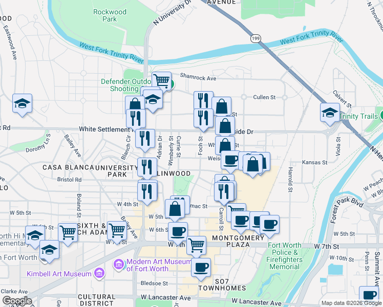 map of restaurants, bars, coffee shops, grocery stores, and more near 2825 Weisenberger Street in Fort Worth