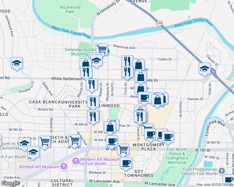 map of restaurants, bars, coffee shops, grocery stores, and more near 2825 Weisenberger Street in Fort Worth