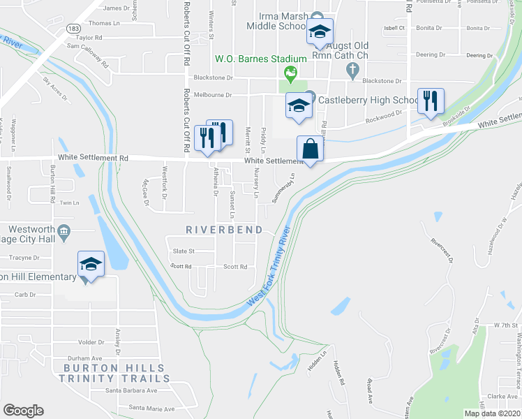 map of restaurants, bars, coffee shops, grocery stores, and more near 233 Clementine Court in Fort Worth
