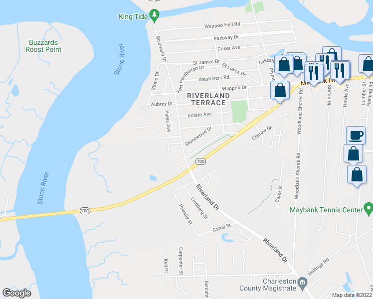 map of restaurants, bars, coffee shops, grocery stores, and more near 335 Riverland Drive in Charleston