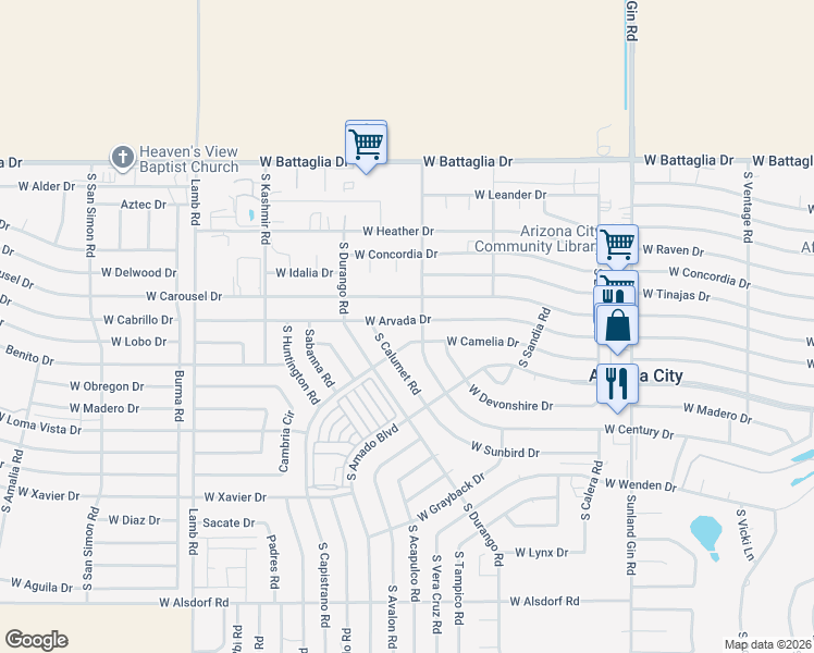 map of restaurants, bars, coffee shops, grocery stores, and more near 13535 South Capistrano Road in Arizona City