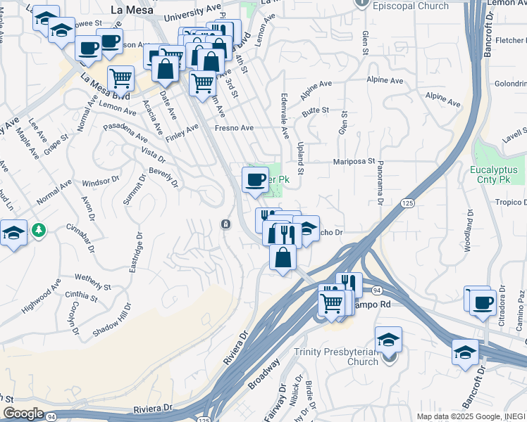 map of restaurants, bars, coffee shops, grocery stores, and more near 4302 Palm Avenue in La Mesa