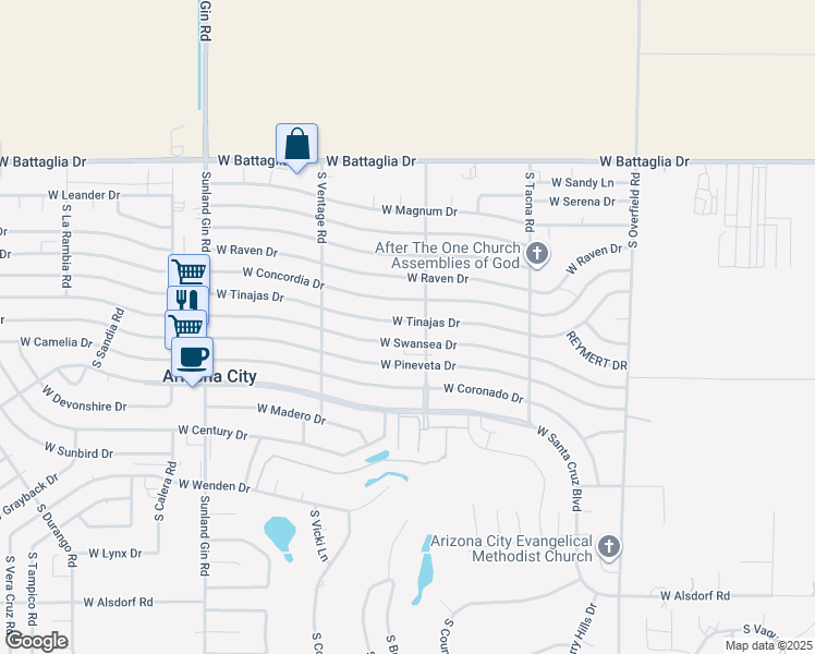 map of restaurants, bars, coffee shops, grocery stores, and more near 8867 West Tinajas Drive in Arizona City