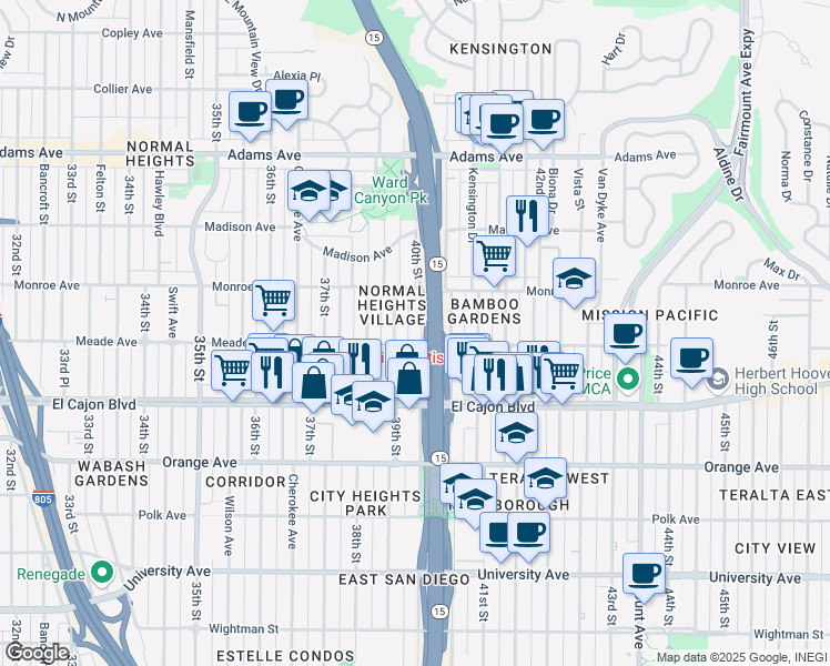 map of restaurants, bars, coffee shops, grocery stores, and more near 4416 40th Street in San Diego