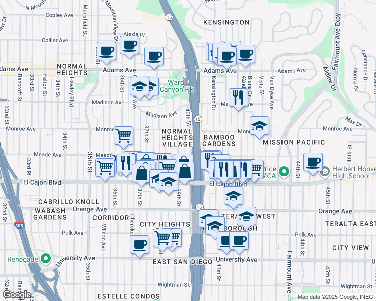 map of restaurants, bars, coffee shops, grocery stores, and more near 4416 40th Street in San Diego