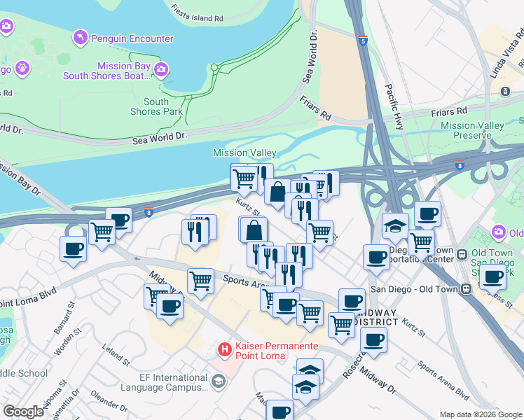 map of restaurants, bars, coffee shops, grocery stores, and more near 3612 Kurtz Street in San Diego